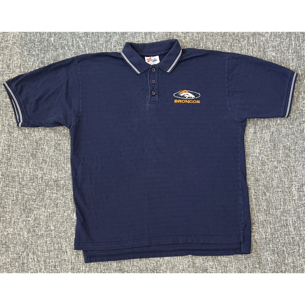 Vintage Denver Broncos Polo Shirt Men's Large Blue Majestic NFL Embroidered Logo